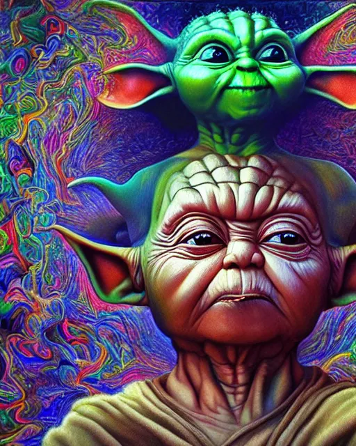 Image similar to portrait ultra dimensional baby yoda tripping on dmt, psychedelic experience, overwhelming self realization and awakening, ultra high definition, unreal engine 5, hyperrealism, masterpiece composition, surrealism by alex grey, salvador dali 8 k photorealistic