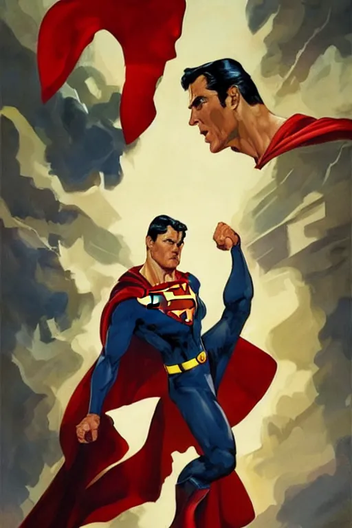 Image similar to superman vs homelander, painting by jc leyendecker!! phil hale!, angular, brush strokes, painterly, vintage, crisp