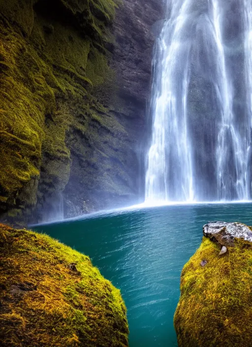 Image similar to a waterfall in the middle of a mountain range, a detailed matte painting by hallsteinn sigurðsson, shutterstock contest winner, naturalism, uhd image, creative commons attribution, photo taken with ektachrome