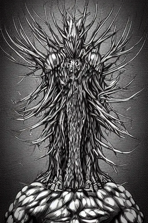 Image similar to armoured tree human figure monster, symmetrical, highly detailed, digital art, tree armour, sharp focus, trending on art station, kentaro miura manga art style