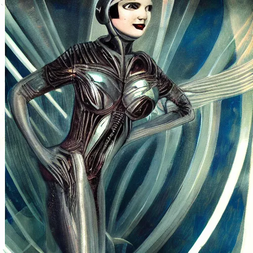 Prompt: Art Nouveau pulp sci fi magazine painting with no text, 1920s space costume designed by HR Giger, octane render, b3d, trending on artstation, chrome and blue background