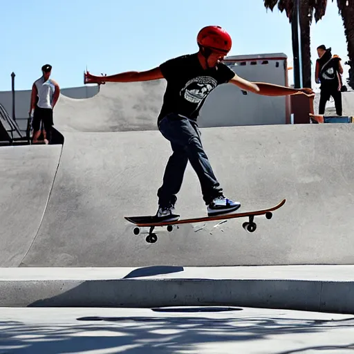 Image similar to skater wearing nike sb dunks doing a kickflip at the venice beach skatepark