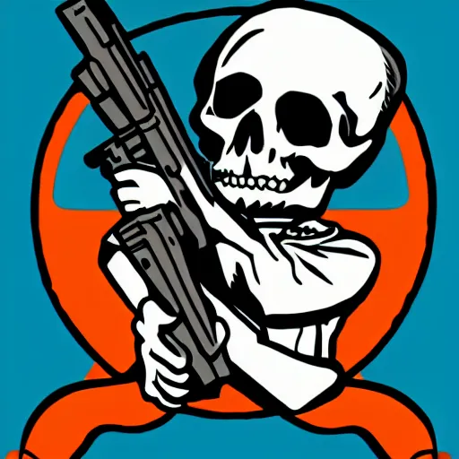 Prompt: a sticker illustration of a man with a skull head hold a gun