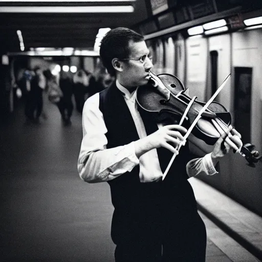 Image similar to photo, violin player, london underground, 5 0 mm f / 1. 4, cinestill 8 0 0,