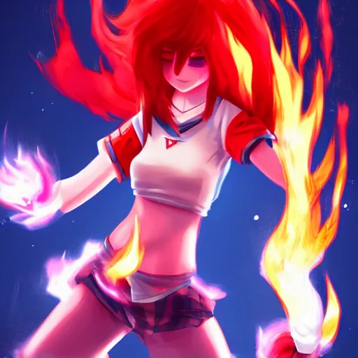 Image similar to Splash art, little anime girl league of legends style with a white t-shirt, red sleeves and regular blue jeans, has fire powers, her hair is made out of fire, her hands are on fire powerfull character, trending on artstation