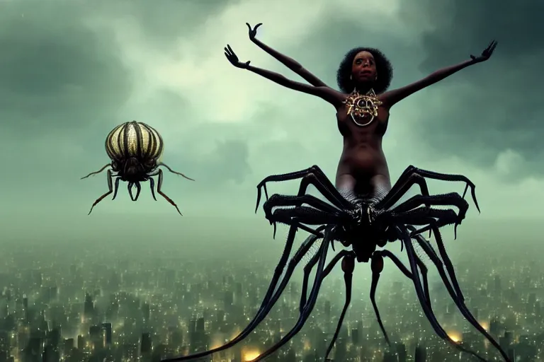 Image similar to realistic detailed photorealistic closeup portrait movie shot of a beautiful black woman riding a giant spider, dystopian city landscape background by denis villeneuve, amano, yves tanguy, alphonse mucha, ernst haeckel, edward robert hughes, roger dean, cyber necklace, rich moody colours, sci fi patterns, wide angle