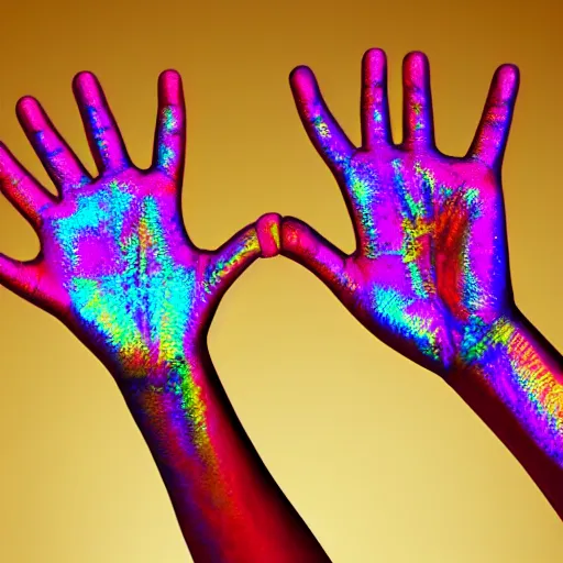 Image similar to two gesturing hands made from an iridescent material in front of a simple background