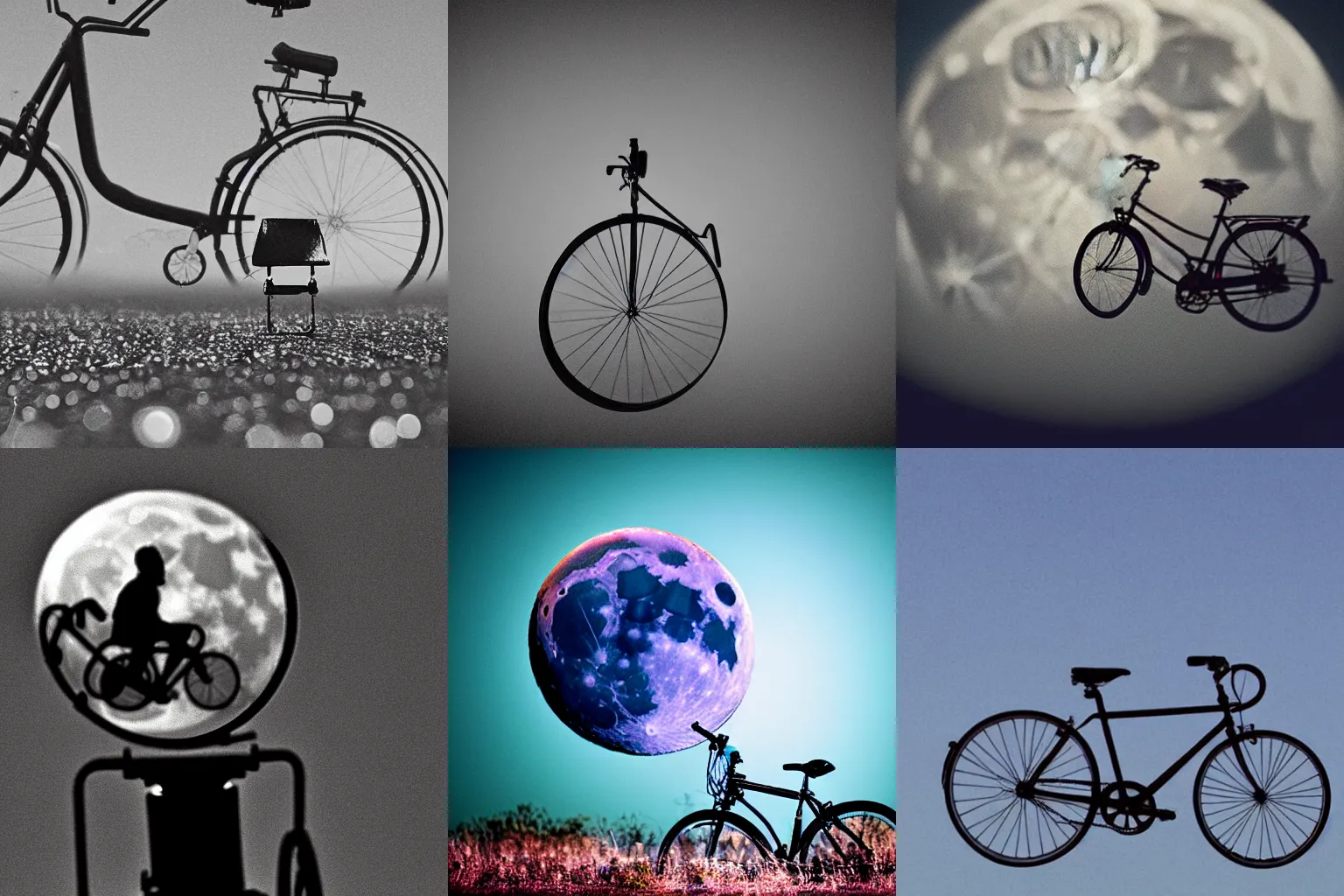 Prompt: photograph through a telescope of a bicycle floating in front of the moon