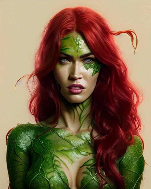 Image similar to highly detailed vfx portrait of megan fox as poison ivy, stephen bliss, unreal engine, greg rutkowski, loish, rhads, beeple, makoto shinkai and lois van baarle, ilya kuvshinov, rossdraws, tom bagshaw, alphonse mucha, global illumination, detailed and intricate environment