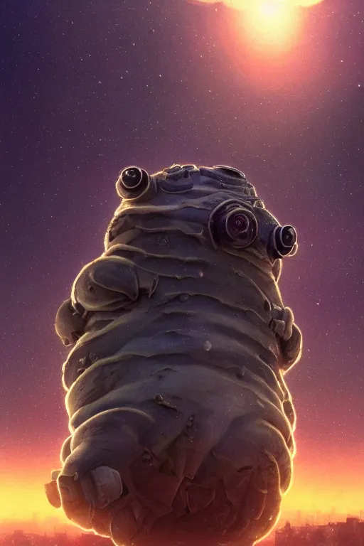 Image similar to a giant cosmic tardigrade!!! descending on the tokyo!!! skyline at sunset, unreal engine, 4 k, illustration, comprehensive art, thorough details, intricate, artstation atmosphere, highly detailed, concept art, greg rutkowski, digital painting, studio ghibli, takashi murakami, gregory crewdson cinematic lighting, 4 k