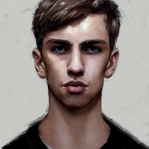 Image similar to Portrait of a man by Greg Rutkowski, he is about 20 years old, west slav features, short blonde hair with bangs, attractive, smart looking, slim, somewhat androgenic, he is wearing a white and black utilitarian jumpsuit, highly detailed portrait, scifi, digital painting, artstation, concept art, smooth, sharp foccus ilustration, Artstation HQ