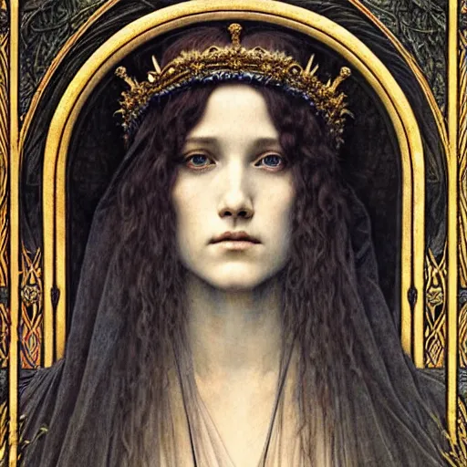 Image similar to detailed realistic beautiful young medieval queen face portrait by jean delville, gustave dore and marco mazzoni, art nouveau, symbolist, visionary, gothic, pre - raphaelite. horizontal symmetry