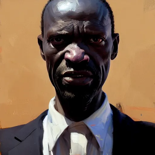 Image similar to Greg Manchess portrait painting of a skinny 50 year old African businessman character, villain, medium shot, athletic, asymmetrical, profile picture, Organic Painting, dramatic light, matte painting, bold shapes, hard edges, street art, trending on artstation, by Huang Guangjian and Gil Elvgren and Sachin Teng