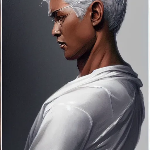 Image similar to ultra realistic illustration, young man with dark gray skin, short white hair, intricate, elegant, highly detailed, digital painting, artstation, concept art, smooth, sharp focus, illustration, art by artgerm and greg rutkowski and alphonse mucha