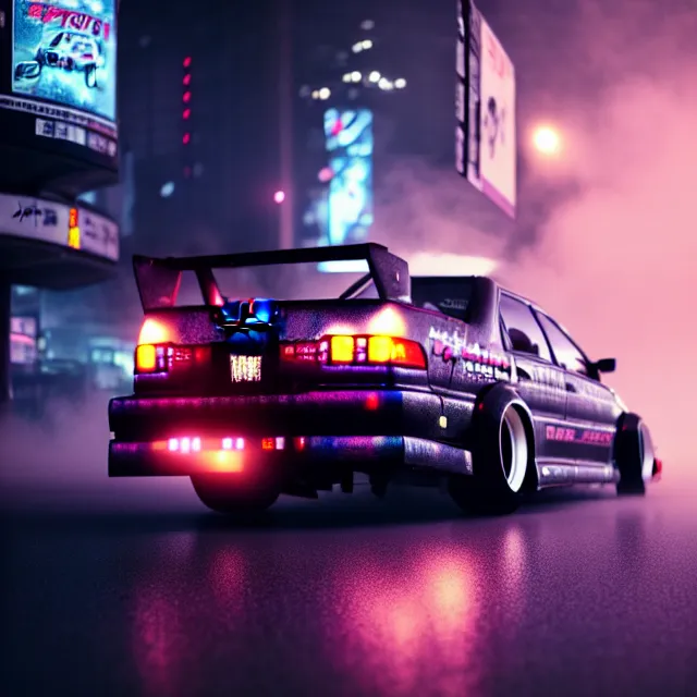 Image similar to toyota jzx 1 0 0 illegal drift car with cyberpunk robot geisha girl standing, detailed wheels, shibuya prefecture, cinematic lighting, fog mist smoke, photorealistic, night photography, octane render by tomino - sama