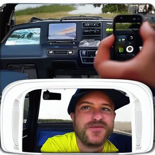 Image similar to “ repair man watching tiktoks in his truck, hyperrealistic ”