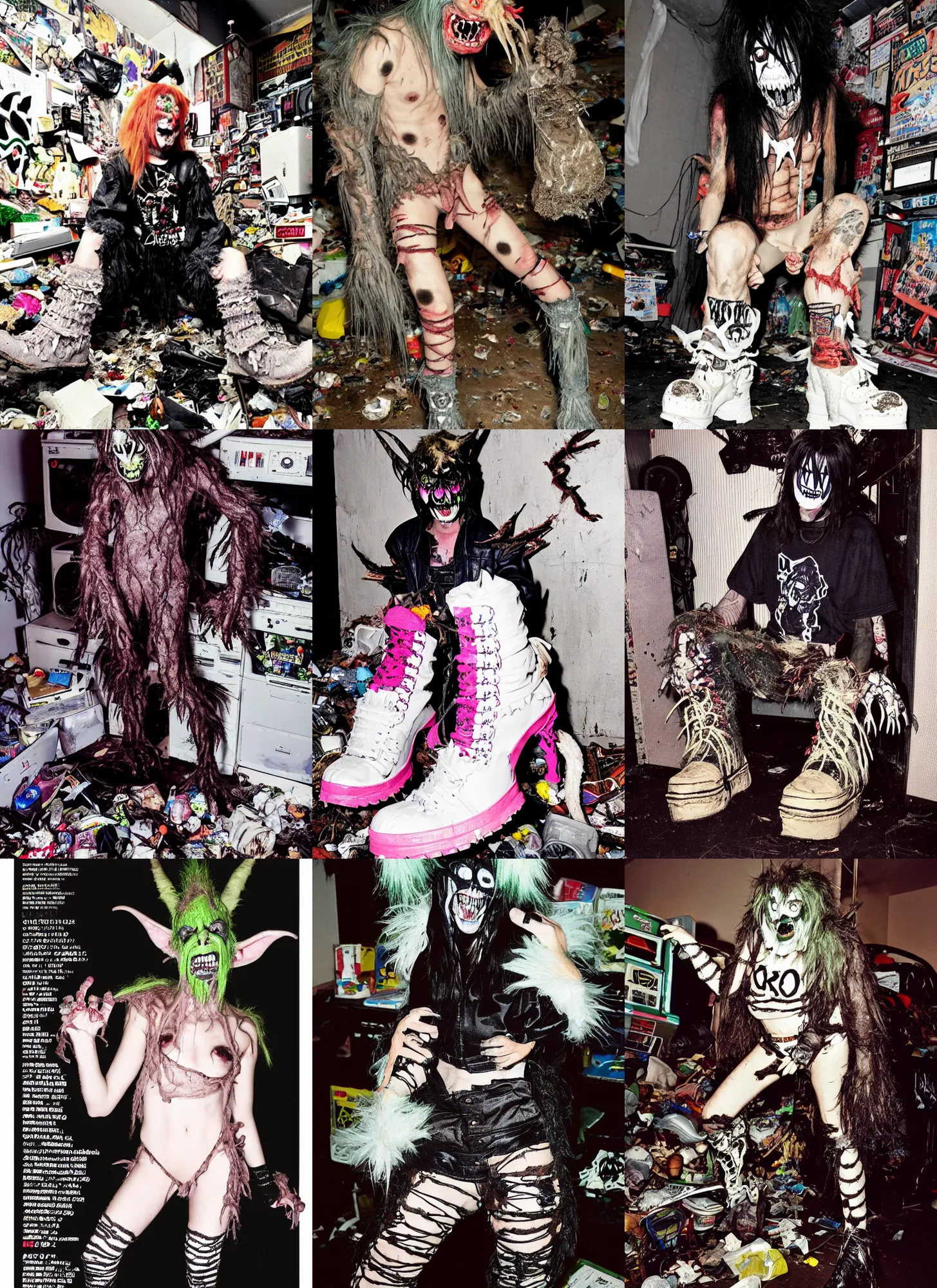 Image similar to photo of lace monster goblin wearing ripped up dirty Swear kiss monster teeth yeti platform boots in the style of Ryan Trecartin in the style of 1990's FRUiTS magazine 20471120 in japan in a dirty dark dark dark poorly lit bedroom full of trash and garbage server racks and cables everywhere in the style of Juergen Teller in the style of Shoichi Aoki, japanese street fashion, KEROUAC magazine, Walter Van Beirendonck W&LT 1990's, Vivienne Westwood, y2K aesthetic