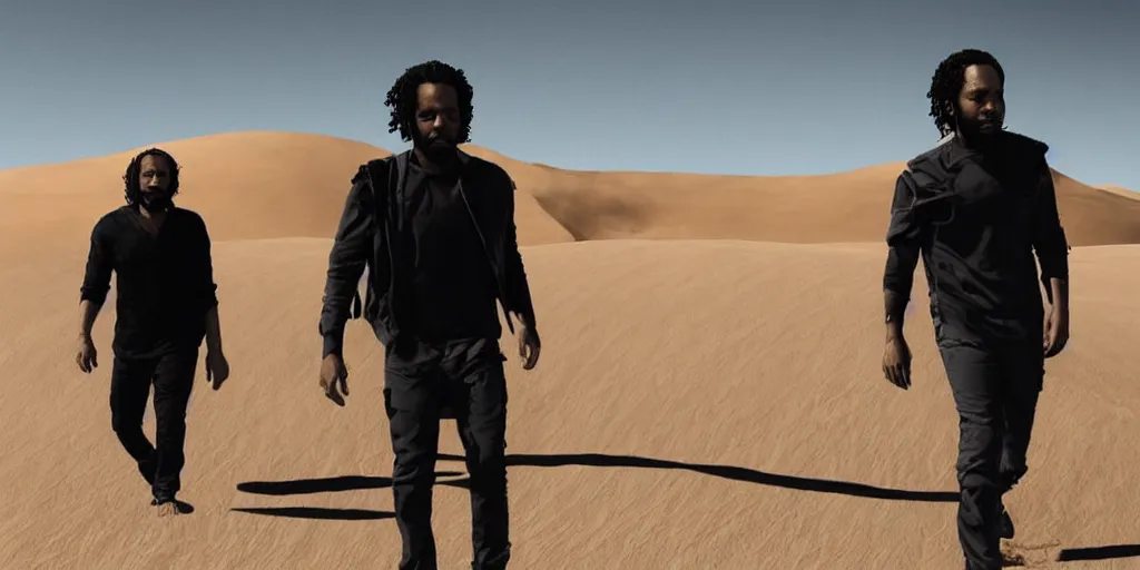 Image similar to Paul Rudd and Kendrick Lamar walking through a desert, Dune like atmosphere, Dune like clothing, black and white drawing, comic book
