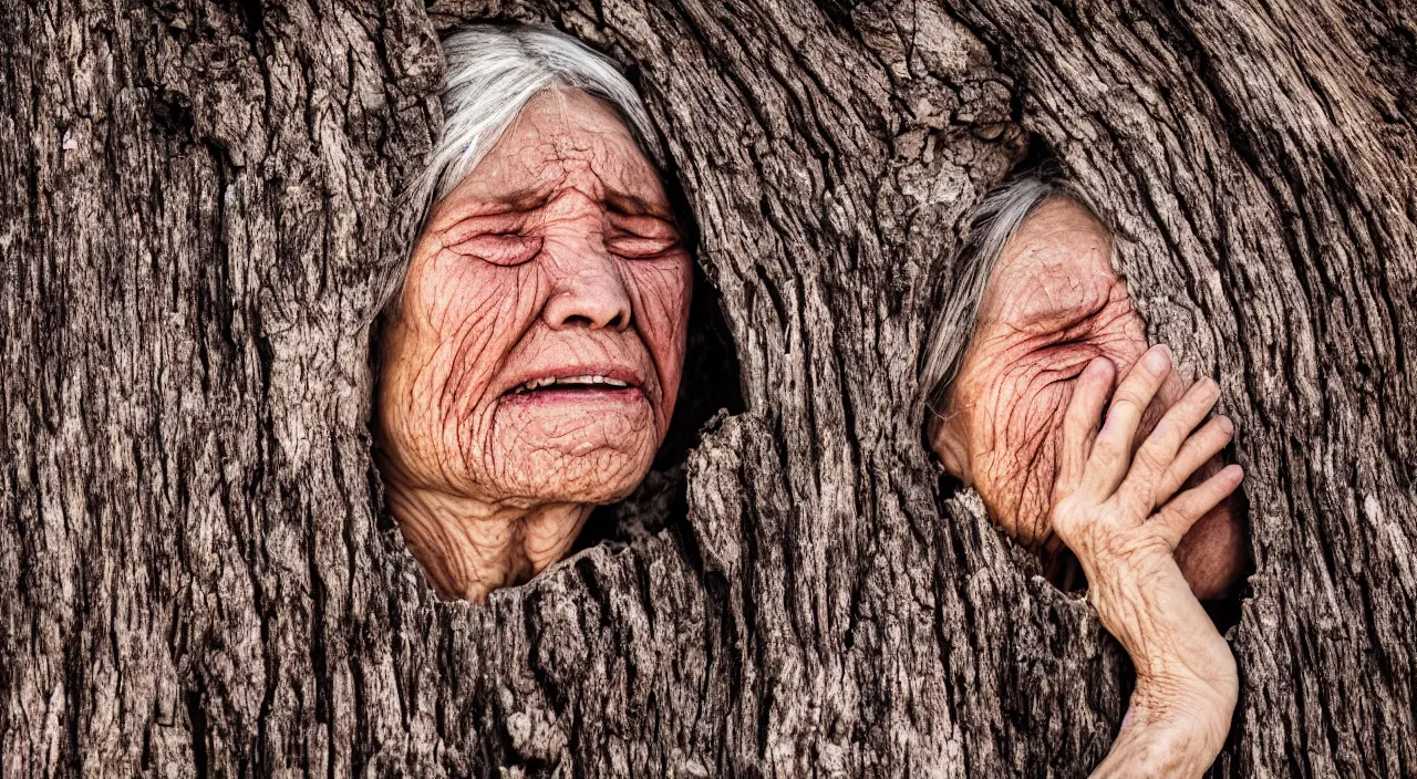 Image similar to close-up of a 65-year-old Gaia, crying calmly, facing the camera and standing in front of a dried up river in a desolate land, dead trees, blue sky, hot and sunny, highly-detailed, elegant, dramatic lighting, artstation, 4k, cinematic landscape, photograph by Elisabeth Gadd