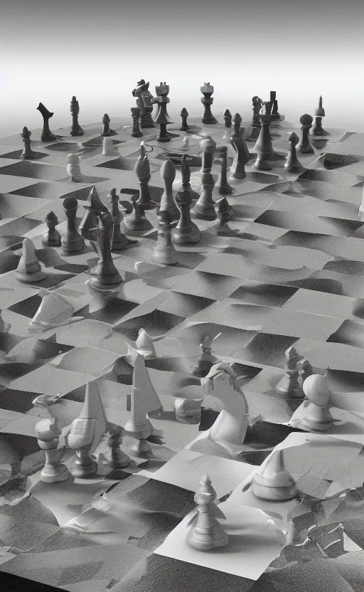 Prompt: surreal dali chess landscape, 3d liminal grainy aesthetic illustration, highly detailed, soft render, volumetric lighting, early morning,