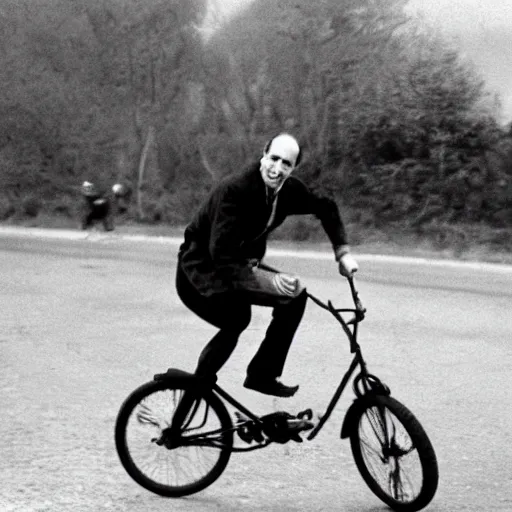 Image similar to Ingmar Bergman riding a unicycle