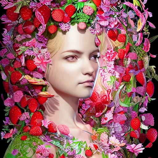 Image similar to the portrait of an absurdly beautiful, graceful, elegant, shy young woman made of strawberries and green petals, an ultrafine hyperdetailed illustration by kim jung gi, irakli nadar, intricate linework, bright colors, octopath traveler, final fantasy, angular, unreal engine 5 highly rendered, global illumination, radiant light, detailed and intricate environment