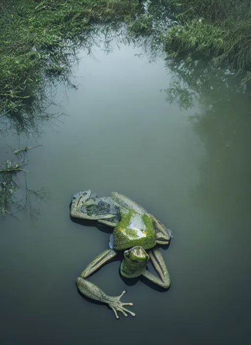 Image similar to semitranslucent smiling frog amphibian floating upside down over misty lake in Jesus Christ pose, cinematic shot by Andrei Tarkovsky, paranormal, spiritual, mystical