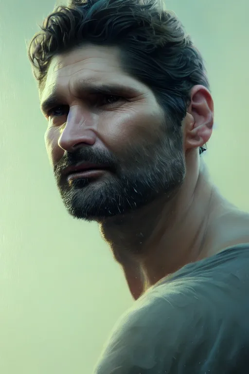 Image similar to ultra detailed close up facial portrait of eric bana, extremely detailed digital painting, in the style of fenghua zhong and ruan jia and jeremy lipking and peter mohrbacher, mystical colors, rim light, beautiful lighting, 8 k, stunning scene, raytracing, octane, trending on artstation