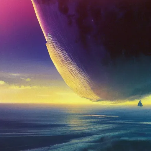 Prompt: beautiful matte painting of golden shores of a blue dreamy ocean, heavenly island in the clouds floating above the ocean, spaceship flying by, towering mountains emerging from the ocean, sci - fi, daylight, blue sky, cinematic lighting, cinematic perspective, syd mead, john harris, federico pelat