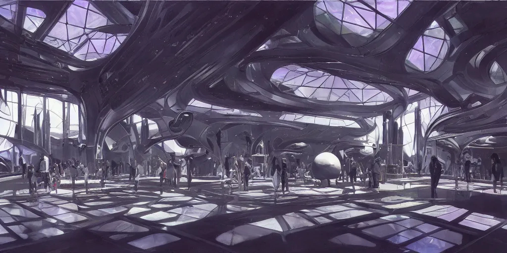 Image similar to a futuristic museum interior in gothic style with holograms all over, syd mead cinematic painting, 4 k