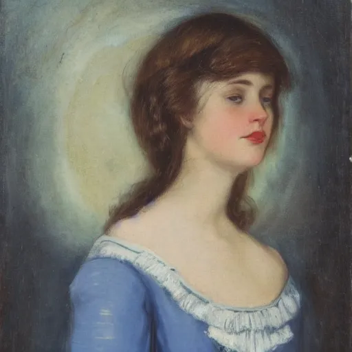 Image similar to young brunette woman with hooknose wearing blue circle and white dress