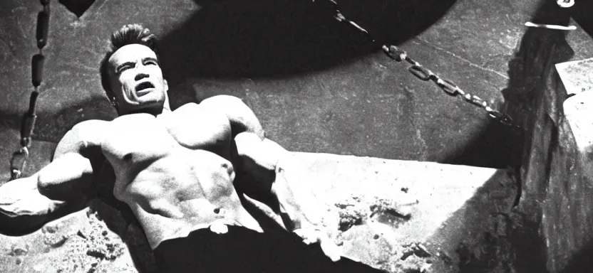Image similar to film still of arnold schwarzenegger in the pit and the pendulum ( 1 9 6 1 ) in the style of cronenberg, pathecolor, 4 0 mm panavision wide - angle lens