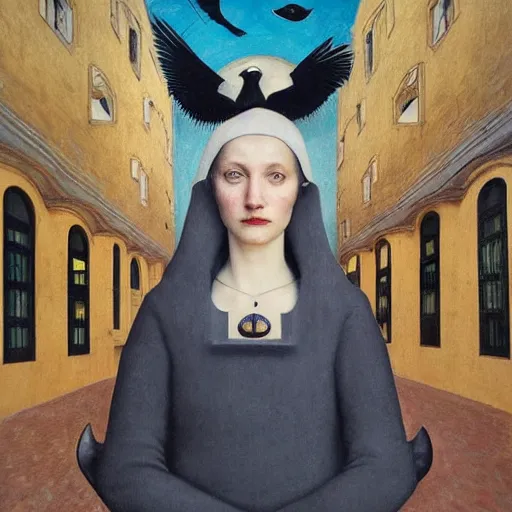 Prompt: a woman in a medieval city, a lots of crows, hyperrealistic film still by isabel emrich, by gottfried helnwein, by klimt, by paolo uccello, art nouveau, highly detailed, strong lights, liminal, eerie, symbolist, bright pastel colors