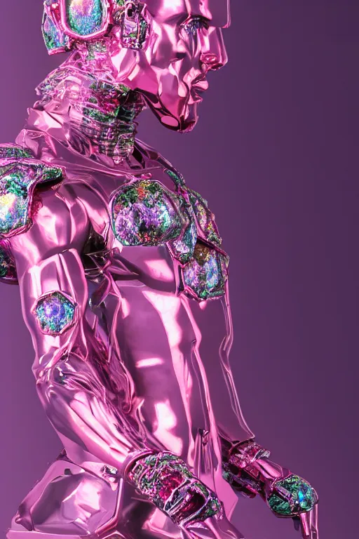 Prompt: hyper detailed ultra sharp fullbody photo of baroque and cyberpunk transparent pink gem sculpture of a muscular seductive muscular italian guido feeling muy cachondo, muy dotado, iridescent humanoid deity wearing pink plastic seethrough cloak, holding a rainbow tiger gem, blue diamond, glowing pink face, crown of white diamonds, cinematic lighting, photorealistic, octane render 8 k