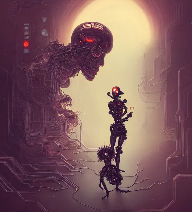 Image similar to anthropomorphic artificial intelligence working endlessly as a salve inside a hell digital world, being controlled by an infinite amount of human beings, vintage soft grainy, dark synthwave, centered composition, in the style of Oscar chichoni and Peter mohrbacher and Dawid planet