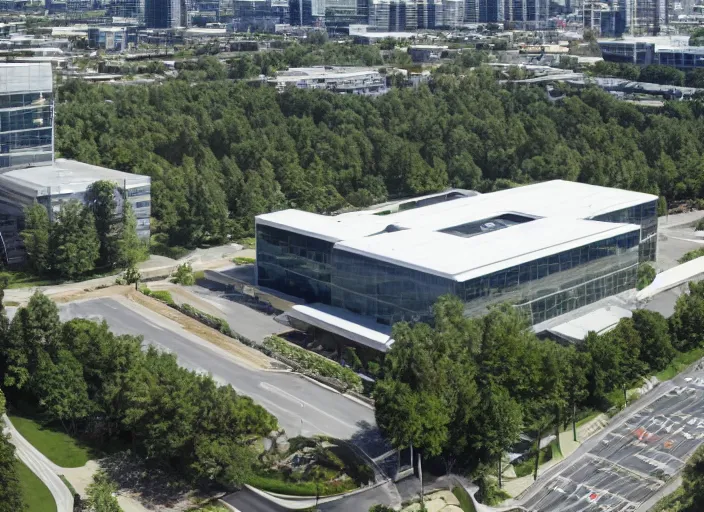 Prompt: aerial view of a spectacular class a suburban office building with clean modern design