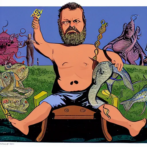 Image similar to by martin kippenberger, by steve dillon curvaceous, harrowing. a installation art of a mythological scene. large, bearded man seated on a throne, surrounded by sea creatures. he has a trident in one hand & a shield in the other. behind him is a large fish. in front of him are two smaller creatures.