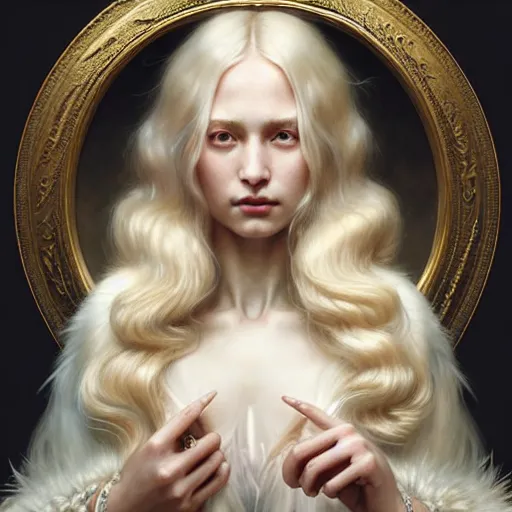 Image similar to portrait painting of a beautiful blonde woman with a kind face wearing a feathered cloak and a fancy silk white dress, ultra realistic, concept art, intricate details, eerie, highly detailed, photorealistic, octane render, 8 k, unreal engine. art by artgerm and greg rutkowski and charlie bowater and magali villeneuve and alphonse mucha