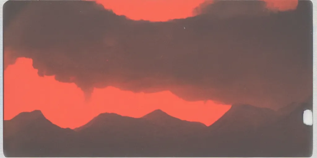 Prompt: polaroid photo of a vulcanic eruption, bright red lava, mountains in the background, clouds in the sky, a lot of smoke