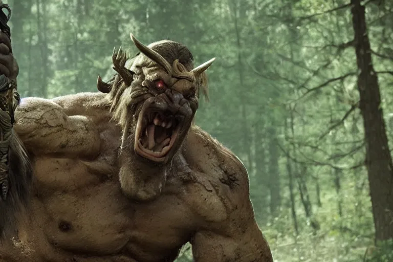 Image similar to vfx movie closeup detailed ancient warrior orc hunting elk in the forest, natural lighting by emmanuel lubezki