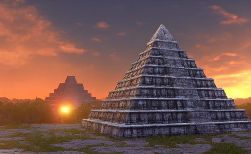 Image similar to crystal tetrahedron in the middle of an aztec temple, sunset, godrays, orange and blue sky, volumetric lighting, a high - quality render, photorealistic, unreal engine 5