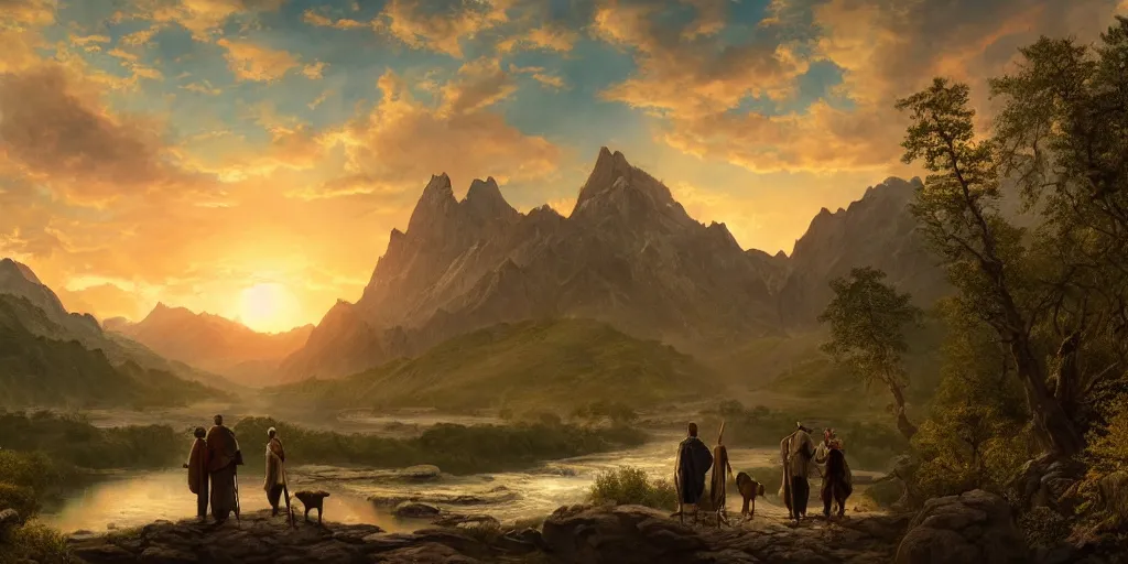 Image similar to A majestic landscape featuring a river, mountains and a forest. A group of birds is flying in the sky. There is an old man with a dog standing next to him. The man is wearing a backpack. They are both staring at the sunset. Cinematic, very beautiful, painting in the style of Lord of the rings