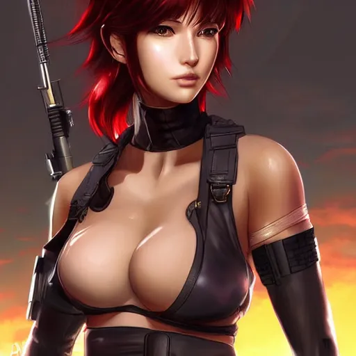 Image similar to concept art illustration of young japanese christina hendricks natalie portman as lara croft motoko kusanagi anime protagonist, wearing tokyo harajuke street fashion combat warrior fantasy bikini, intricate, elegant, art by artgerm and rosstran, masamune shirow