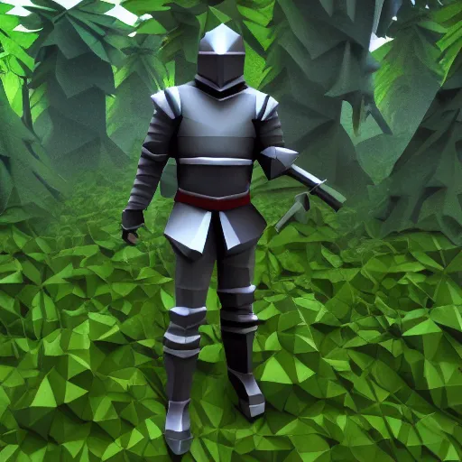 Prompt: low poly render of knight standing a poison forest, third person game screenshot 2 0 1 1