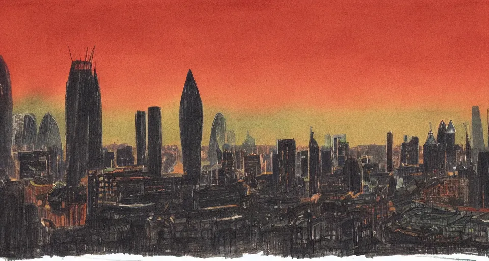 Prompt: color sketch of the london skyline, highly detailed, dramatic lighting, intense shadows, rich deep colours, by feng zikai yun shouping