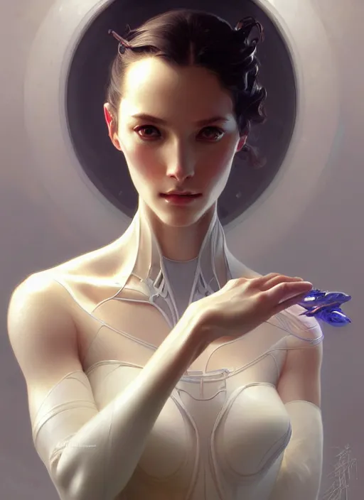 Image similar to portrait of female android, intricate, elegant, highly detailed, digital painting, artstation, concept art, smooth, sharp focus, illustration, art by artgerm and greg rutkowski and alphonse mucha