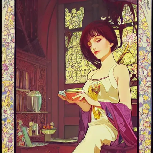 Image similar to Full body portrait of a sorceress sipping tea in her sunlit study, illustration, exquisitely detailed, Ilya Kuvshinov, Hayao Miyazaki, Kazuma Kaneko, Alphonse Mucha