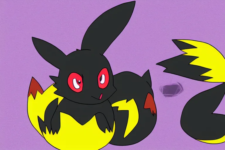 Image similar to zorua the black and maroon fox - like pokemon playing with a yellow and black pikachu, digital anime art