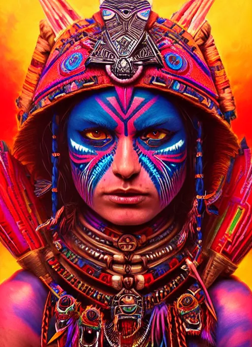 Prompt: hyper detailed ultra sharp aztec shaman warrior trance girl. trending on artstation, warpaint aesthetic, bloodwave, colorful, psychedelic, ornate, intricate, digital painting, concept art, smooth, sharp focus, illustration, art by artgerm and greg rutkowski and h. r. giger, 8 k