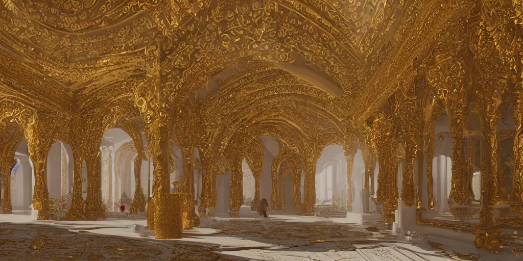 Image similar to interior of a White Stone Temple with Gold intricate ornaments, people with Red cloak, Wide angle, Golden hour, High definition, 8k, artstation, deviantart, octane render, photorealistic